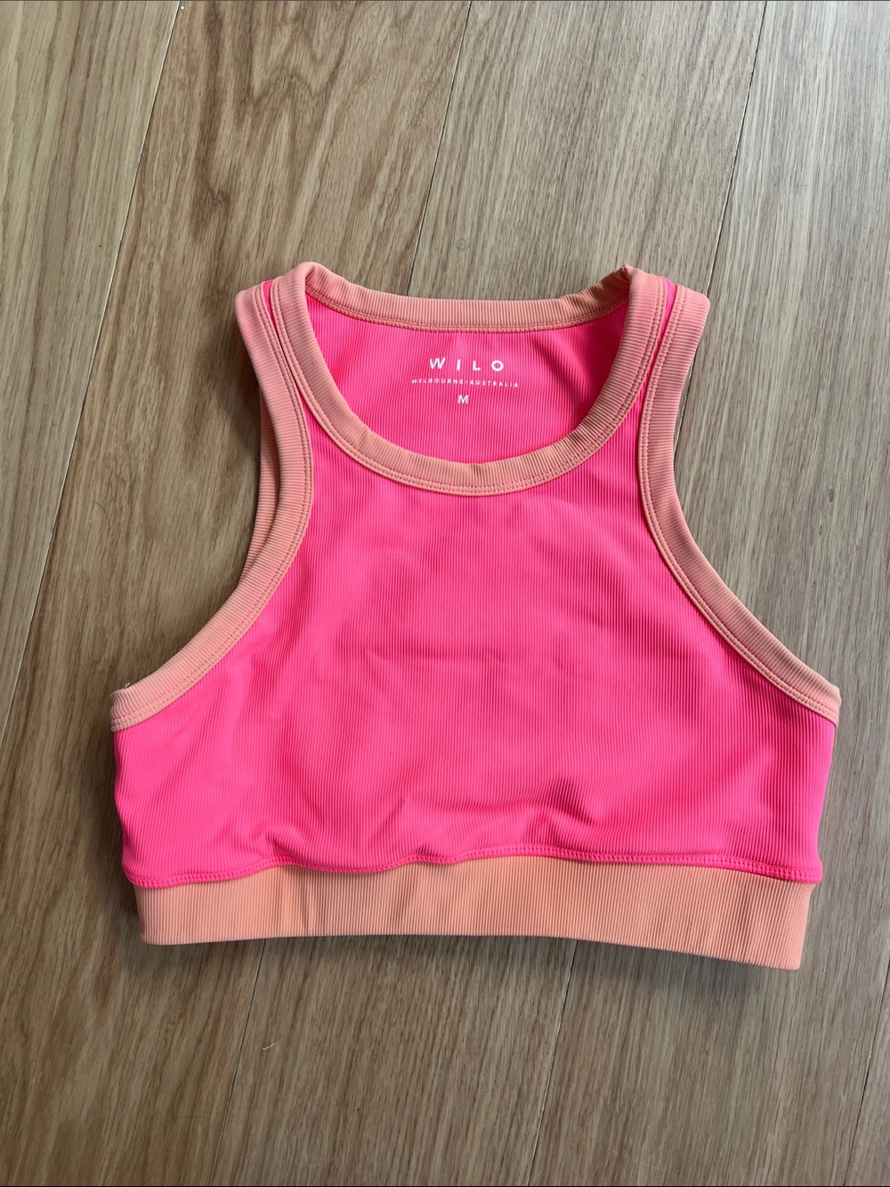 Wilothelabel Rib Contrast Long Rqcer Pink & Peach Ribbed Sports Bra size M